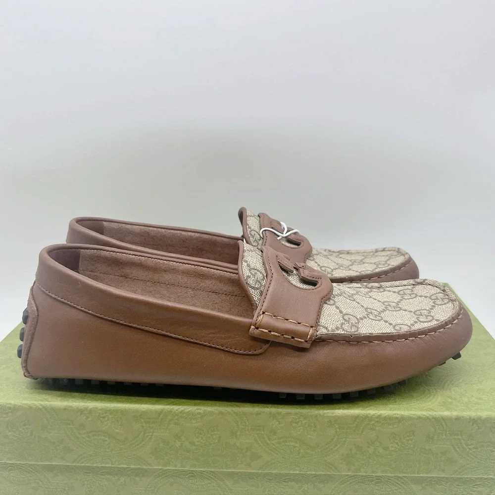 Gucci Supreme GG Interlocking Loafer Driving Shoes Mens Brown UK 8.5 US 9